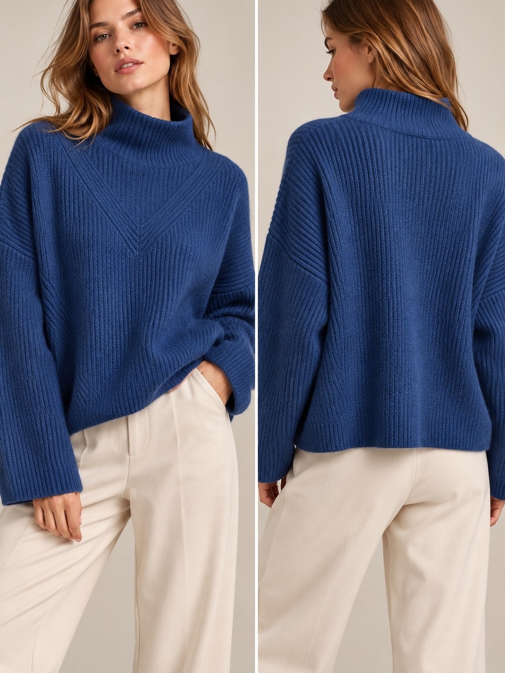 Anthropologie Enza 100%Cashmere Cropped Ribbed Mockneck Sweater SzL Blue